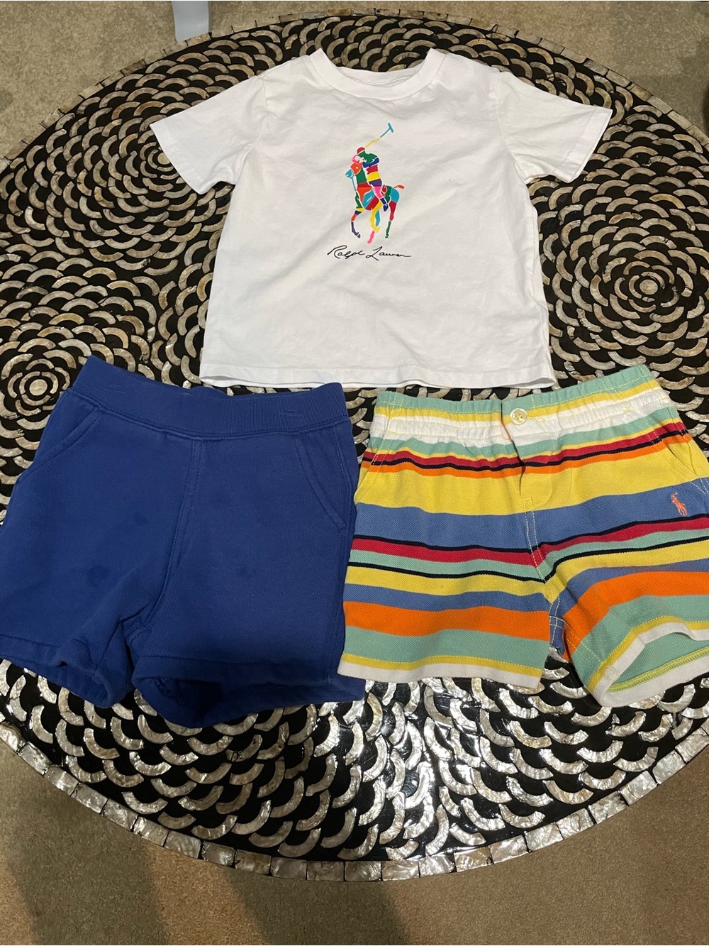 Ralph Lauren White Polo Player Tee with Colorful Stripes Shorts & Navy Shorts